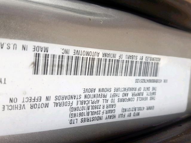 4S3BH806847625120 - 2004 SUBARU LEGACY OUT SILVER photo 10