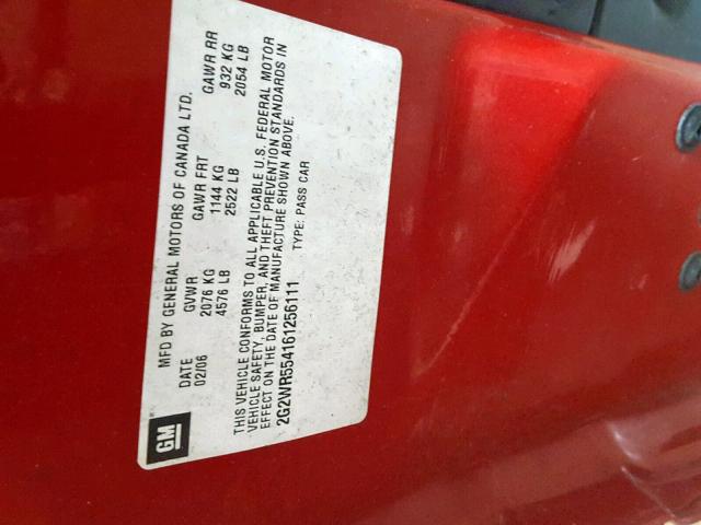 2G2WR554161256111 - 2006 PONTIAC GRAND PRIX RED photo 10