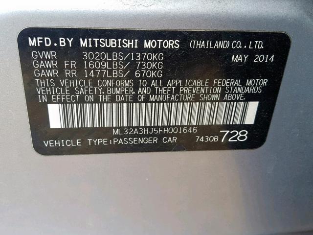 ML32A3HJ5FH001646 - 2015 MITSUBISHI MIRAGE DE SILVER photo 10