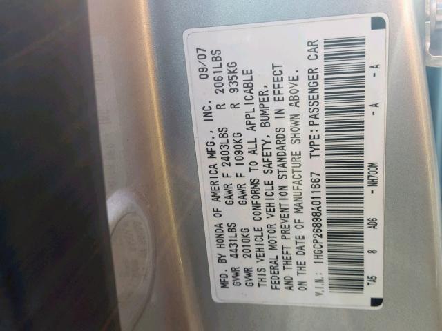 1HGCP26898A011667 - 2008 HONDA ACCORD EXL SILVER photo 10