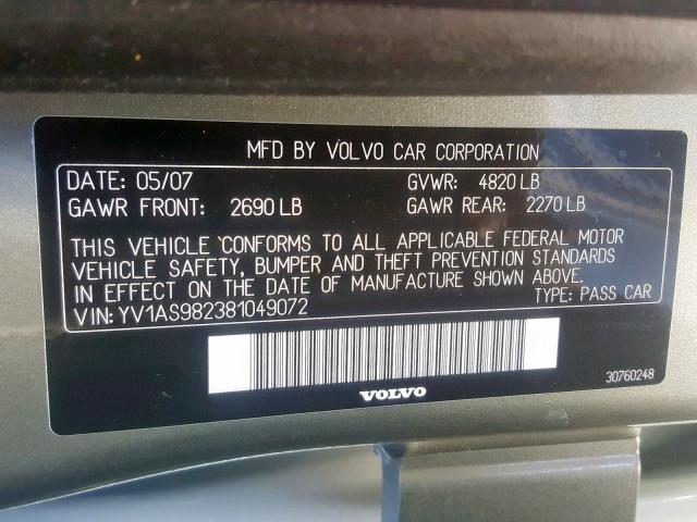 YV1AS982381049072 - 2008 VOLVO S80 3.2 GREEN photo 10