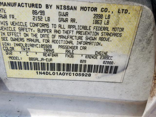 1N4DL01A0YC105928 - 2000 NISSAN ALTIMA XE WHITE photo 10