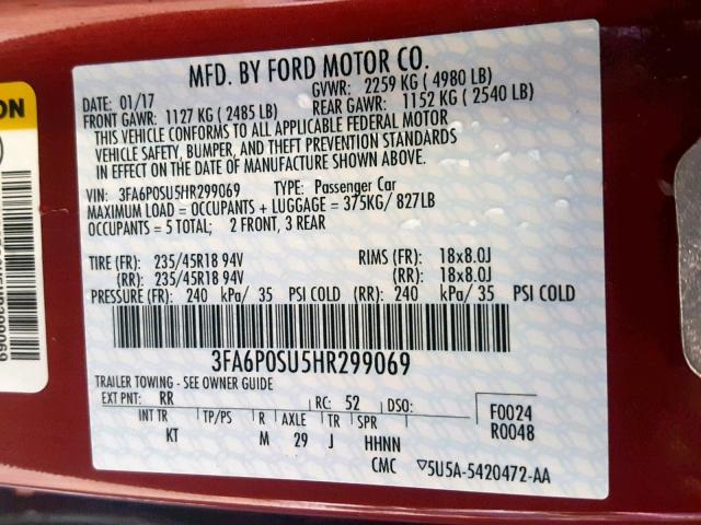 3FA6P0SU5HR299069 - 2017 FORD FUSION TIT RED photo 10