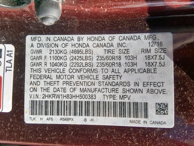 2HKRW1H83HH500383 - 2017 HONDA CR-V EXL MAROON photo 10