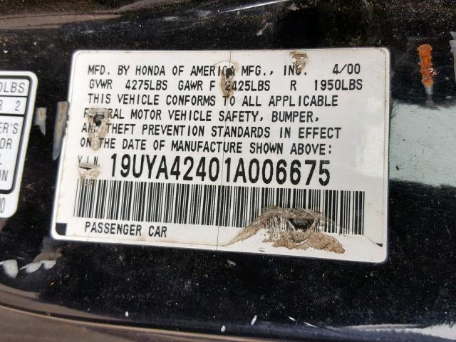 19UYA42401A006675 - 2001 ACURA 3.2CL BLACK photo 10