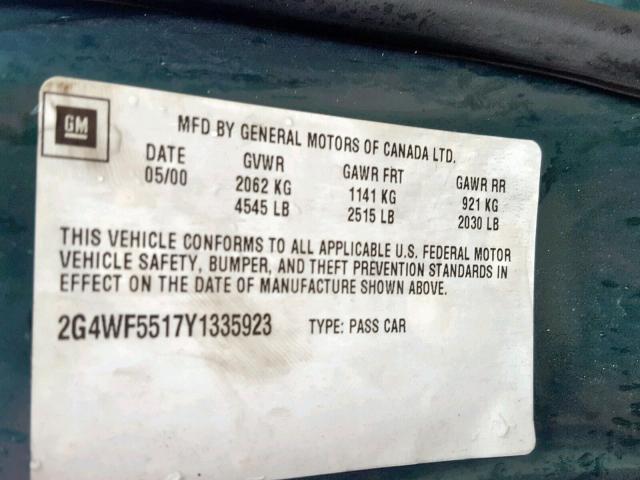 2G4WF5517Y1335923 - 2000 BUICK REGAL GS GREEN photo 10