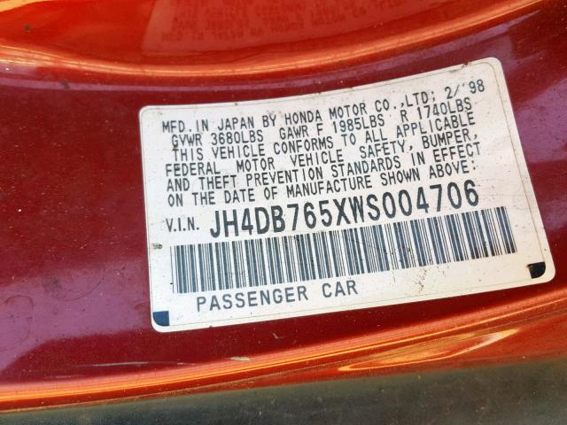 JH4DB765XWS004706 - 1998 ACURA INTEGRA LS RED photo 10