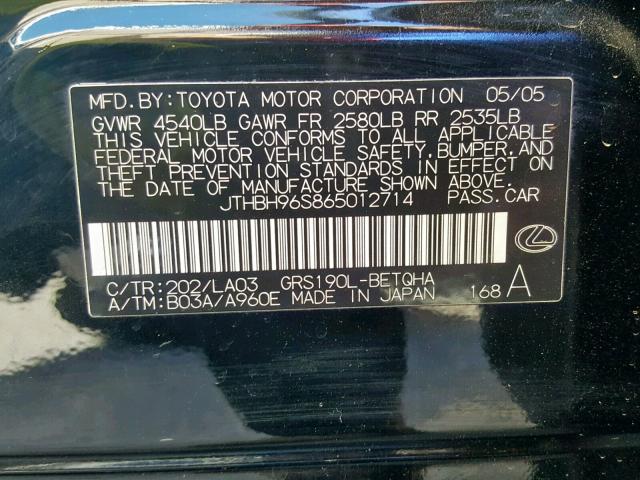 JTHBH96S865012714 - 2006 LEXUS GS 300 BLACK photo 10