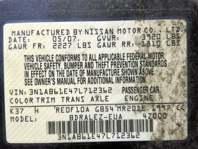 3N1AB61E47L712362 - 2007 NISSAN SENTRA 2.0 GRAY photo 10