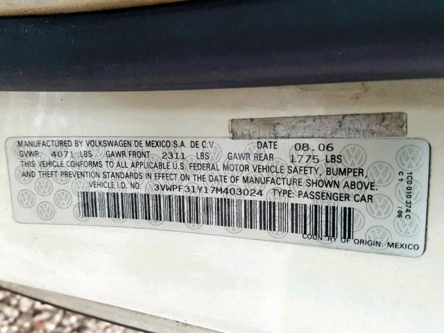 3VWPF31Y17M403024 - 2007 VOLKSWAGEN NEW BEETLE კრემისფერი ფოტო 10