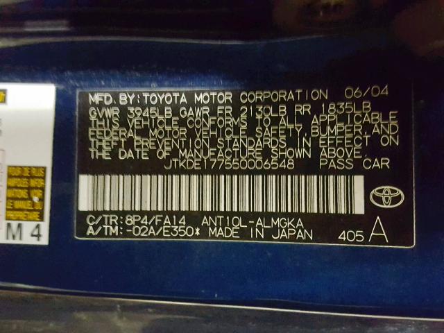 JTKDE177550006548 - 2005 TOYOTA SCION TC ლურჯი ფოტო 10