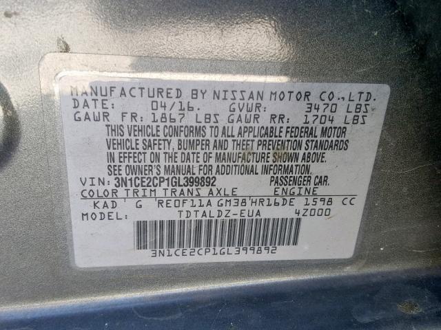 3N1CE2CP1GL399892 - 2016 NISSAN VERSA NOTE GRAY photo 10