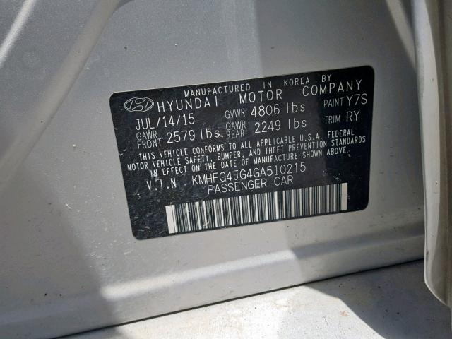 KMHFG4JG4GA510215 - 2016 HYUNDAI AZERA SILVER photo 10