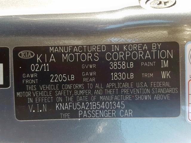 KNAFU5A21B5401345 - 2011 KIA FORTE EX GRAY photo 10