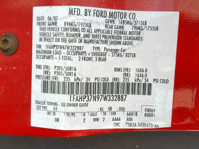 1FAHP37N97W332887 - 2007 FORD FOCUS ZX5 RED photo 10