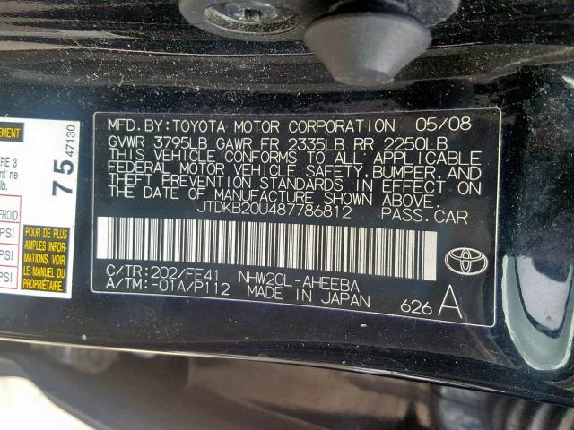 JTDKB20U487786812 - 2008 TOYOTA PRIUS BLACK photo 10