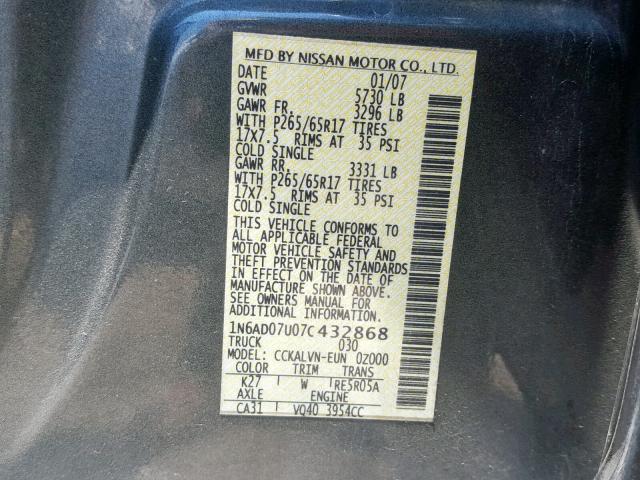 1N6AD07U07C432868 - 2007 NISSAN FRONTIER C GRAY photo 10