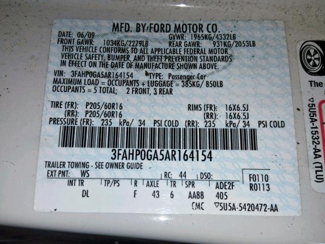 3FAHP0GA5AR164154 - 2010 FORD FUSION S WHITE photo 10