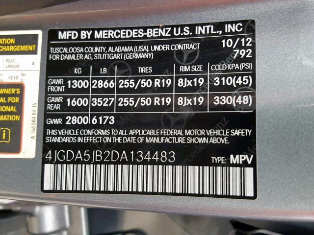 4JGDA5JB2DA134483 - 2013 MERCEDES-BENZ ML 350 GRAY photo 10