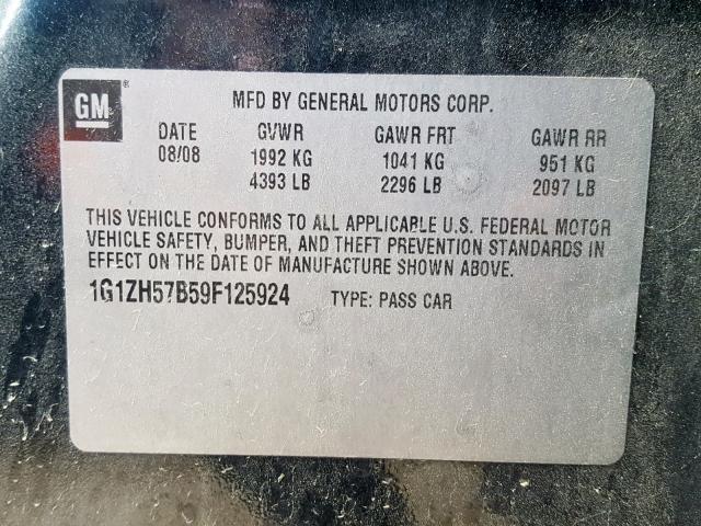 1G1ZH57B59F125924 - 2009 CHEVROLET MALIBU 1LT 黑色 照片 10