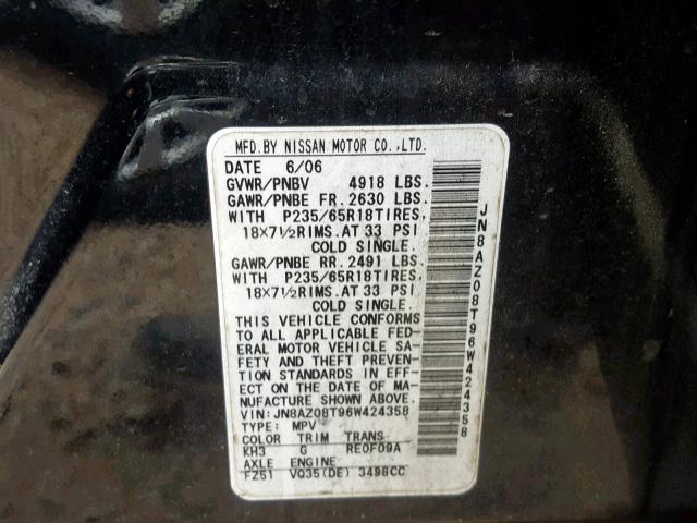 JN8AZ08T96W424358 - 2006 NISSAN MURANO BLACK photo 10