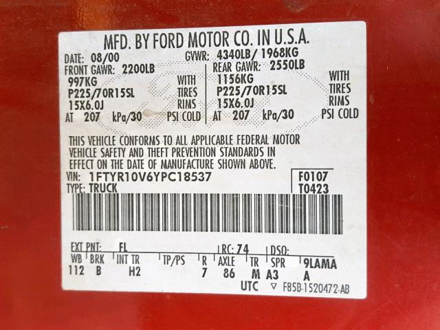 1FTYR10V6YPC18537 - 2000 FORD RANGER RED photo 10