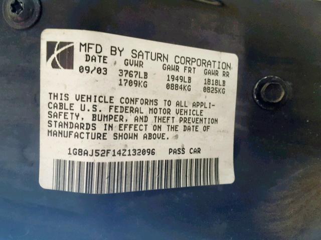 1G8AJ52F14Z132096 - 2004 SATURN ION LEVEL GREEN photo 10