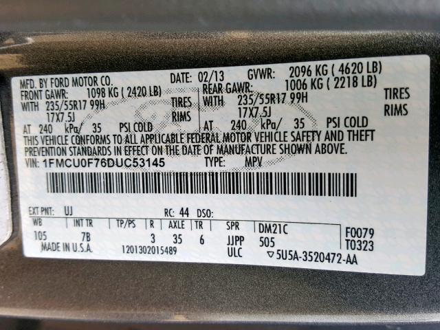 1FMCU0F76DUC53145 - 2013 FORD ESCAPE S CHARCOAL photo 10