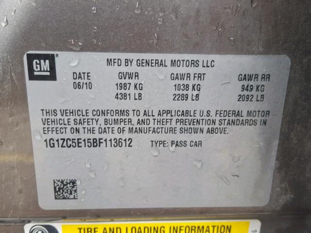 1G1ZC5E15BF113612 - 2011 CHEVROLET MALIBU 1LT 棕色 照片 10