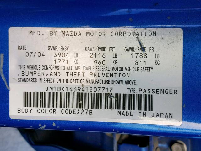 JM1BK143941207712 - 2004 MAZDA 3 HATCHBAC BLUE photo 10