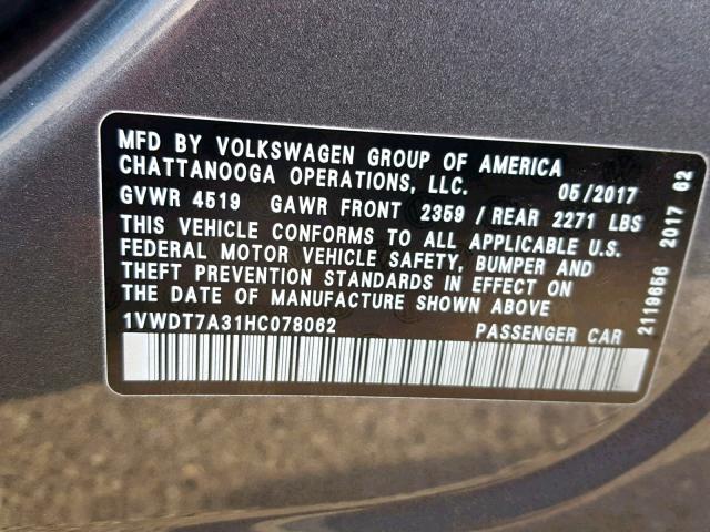 1VWDT7A31HC078062 - 2017 VOLKSWAGEN PASSAT R-L GRAY photo 10
