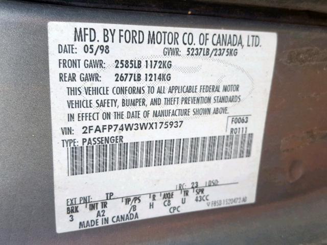 2FAFP74W3WX175937 - 1998 FORD CROWN VICT GRAY photo 10