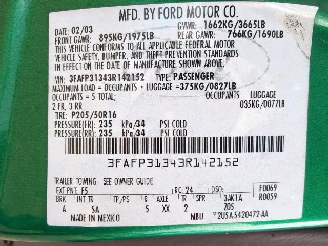 3FAFP31343R142152 - 2003 FORD FOCUS ZX3 GREEN photo 10