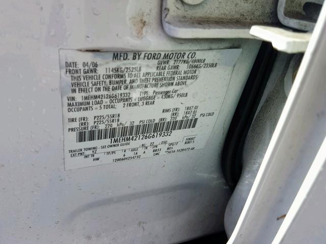 1MEHM42126G619332 - 2006 MERCURY MONTEGO PR თეთრი ფოტო 10