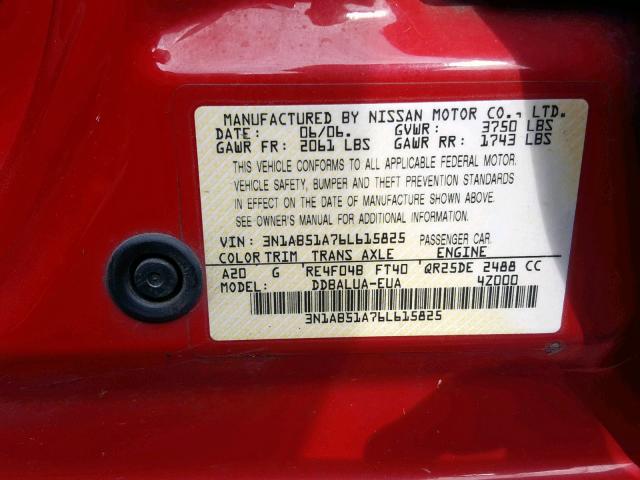 3N1AB51A76L615825 - 2006 NISSAN SENTRA SE- RED photo 10