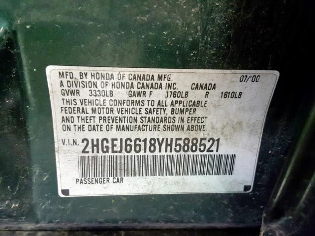 2HGEJ6618YH588521 - 2000 HONDA CIVIC BASE GREEN photo 10