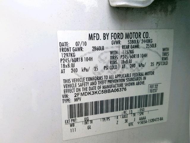 2FMDK3KC5BBA06376 - 2011 FORD EDGE LIMIT WHITE photo 10