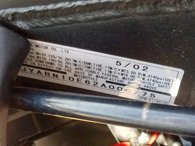 JYARN10E62A006775 - 2002 YAMAHA YZFR1 SILVER photo 10