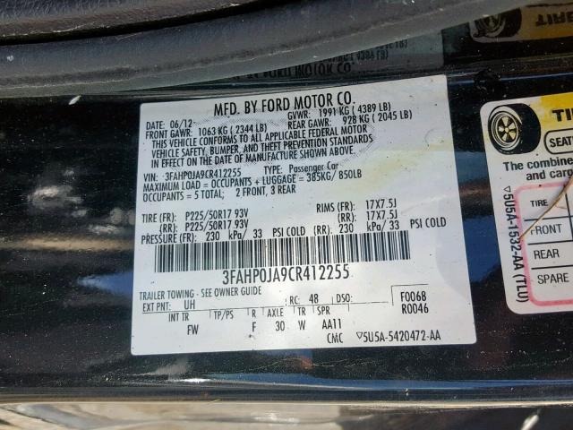 3FAHP0JA9CR412255 - 2012 FORD FUSION SEL BLACK photo 10