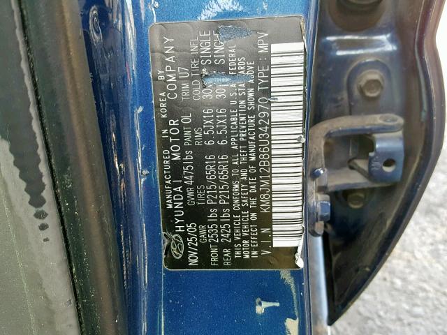 KM8JM12B86U342970 - 2006 HYUNDAI TUCSON GL BLUE photo 10