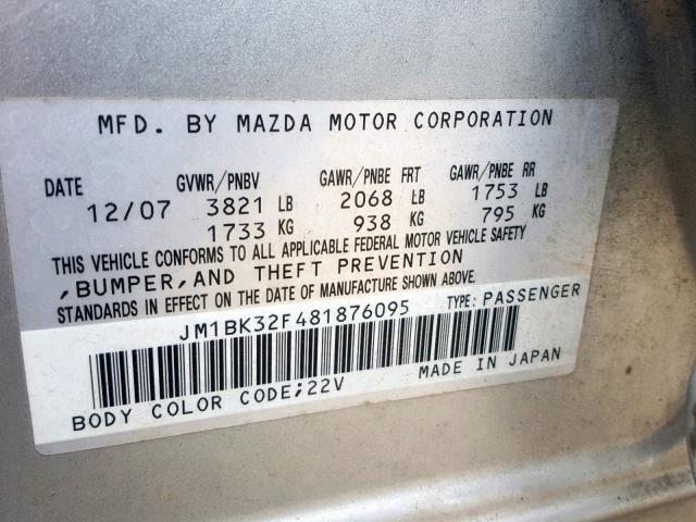 JM1BK32F481876095 - 2008 MAZDA 3 I SILVER photo 10