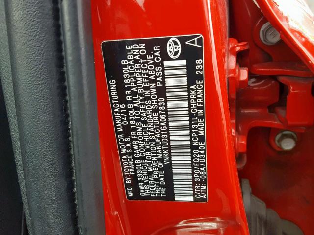 VNKKTUD31GA067830 - 2016 TOYOTA YARIS L RED photo 10