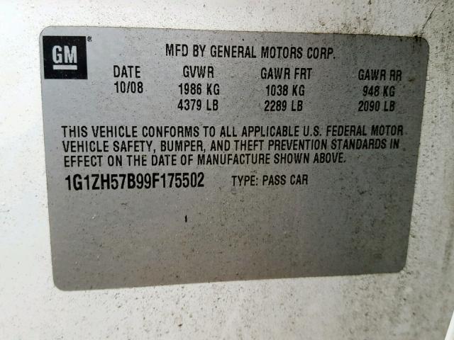 1G1ZH57B99F175502 - 2009 CHEVROLET MALIBU 1LT WHITE photo 10