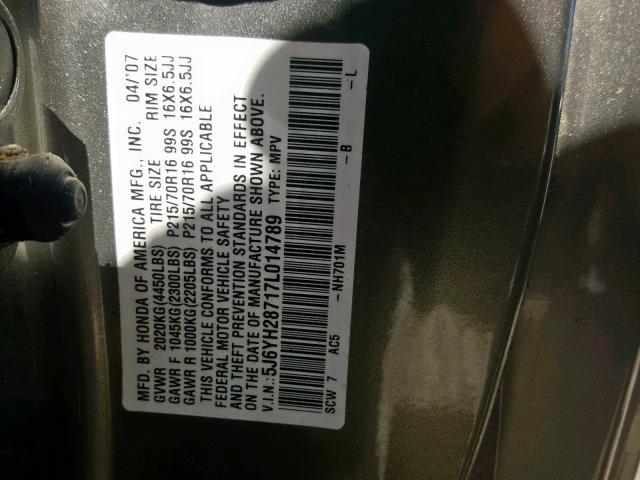 5J6YH28717L014789 - 2007 HONDA ELEMENT EX GRAY photo 10