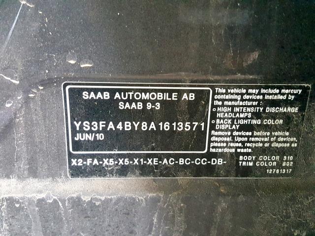 YS3FA4BY8A1613571 - 2010 SAAB 9-3 2.0T GREEN photo 10