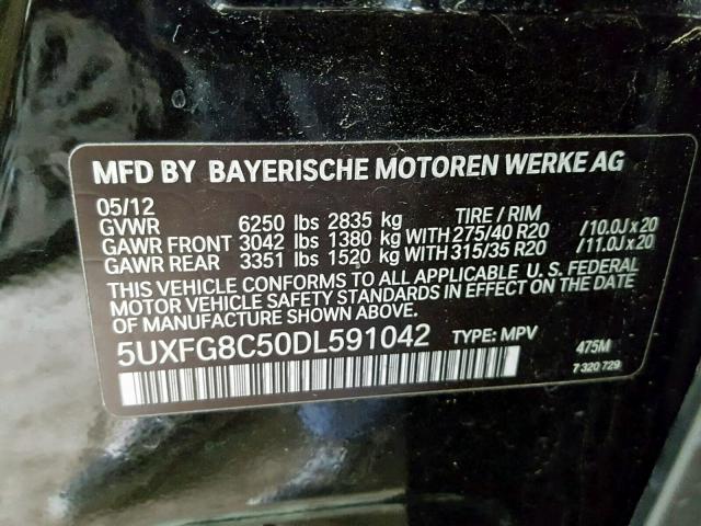 5UXFG8C50DL591042 - 2013 BMW X6 XDRIVE5 BLACK photo 10