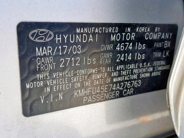 KMHFU45E74A276763 - 2004 HYUNDAI XG 350 SILVER photo 10