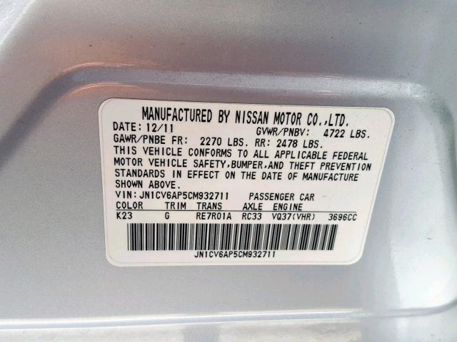 JN1CV6AP5CM932711 - 2012 INFINITI G37 BASE SILVER photo 10