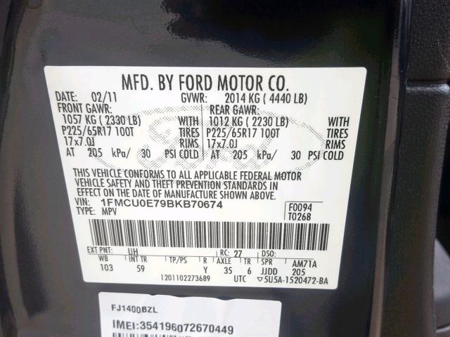 1FMCU0E79BKB70674 - 2011 FORD ESCAPE LIM BLACK photo 10