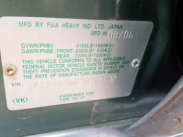 JF1SG67657H723572 - 2007 SUBARU FORESTER 2 GREEN photo 10